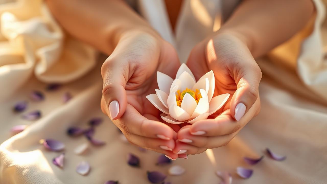 Mãos femininas segurando uma flor de lótus, símbolo de paz e cuidado